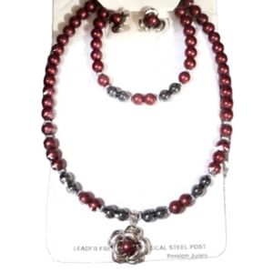 3 pc fashion set rose beaded silvertoned new